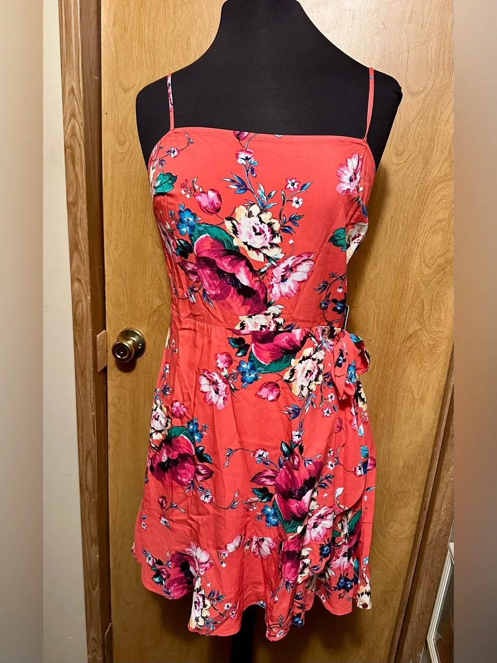 Express Coral Floral Spaghetti Strap Mini Dress